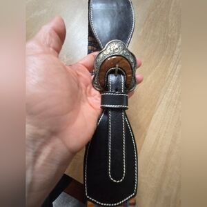 VTG Made in Italy Woven Leather Statement Belt Ornate Wood Inlay Buckle 30/32